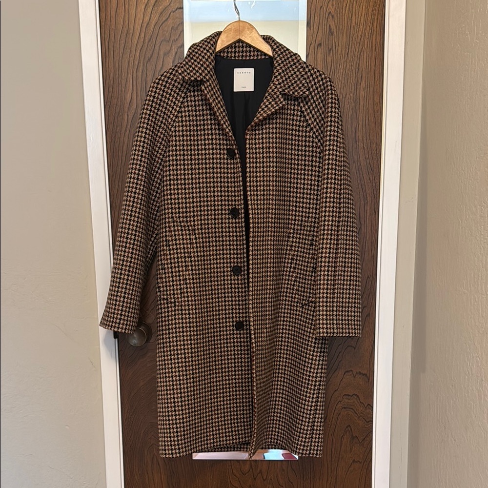 Sandro Houndstooth Wool Trench Coat